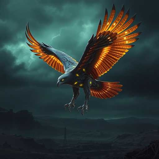 The image depicts a striking, futuristic bird with a distinctly mechanical appearance, set against a dark, stormy backdrop. The bird, which resembles a hawk or eagle, features a sleek, metallic body with a bluish-gray hue. Its most captivating elements are the glowing yellow eyes and the illuminated orange feathers that extend from its wings and tail. The bird's wings are spread wide, showcasing a mix of gray and orange feathers, with the orange ones appearing to glow intensely. Its sharp, clawed feet are extended forward, as if poised to land. The background is a dramatic scene of dark, stormy clouds with hints of lightning, and a shadowy landscape below that includes hills, a possible tower, and a small town. The overall atmosphere is one of foreboding and mystery, with the mechanical bird as the focal point of this dark, fantastical setting.