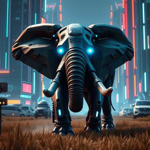 The image depicts a futuristic, robotic elephant standing in a grassy area. The elephant's body is predominantly black with blue lights emanating from its eyes, giving it a high-tech appearance. Its trunk is elongated and cylindrical, and it has two tusks that are brown and curved. The legs of the elephant are also robotic, with blue lights on the knees and feet. Surrounding the elephant are several vehicles, including a white SUV, a gray truck, and a white van, all parked on the grass. In the background, there are tall buildings adorned with neon lights in various colors such as blue, red, and orange, suggesting a cityscape. The sky above is a light blue, adding to the overall futuristic ambiance of the scene.