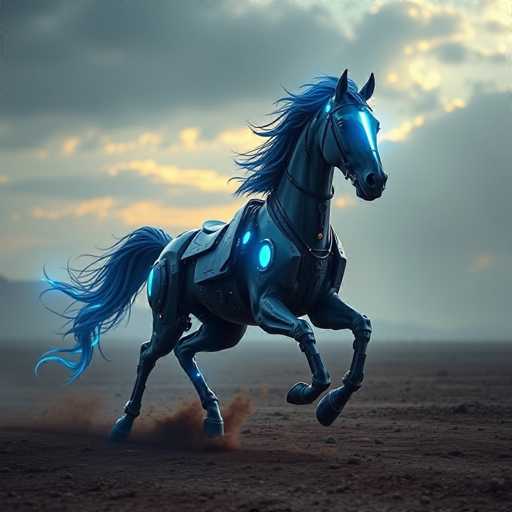 The image depicts a highly detailed, computer-generated scene of a robotic horse in mid-gallop across a barren, rocky terrain. The horse, which appears to be a blend of organic and mechanical elements, features a sleek black body adorned with glowing blue lights that illuminate its eyes, mane, and tail. Its metallic frame is intricately designed, with visible joints at the knees and elbows, and it wears a saddle that also emits a soft blue glow. The horse's mane and tail are a striking blue, flowing behind it as it kicks up dust from the ground. The background showcases a cloudy sky with hints of sunlight breaking through, casting a dramatic light over the scene. The overall atmosphere is one of dynamic motion and futuristic design, with the horse's mechanical parts and luminous accents creating a captivating contrast against the stark, rocky landscape.