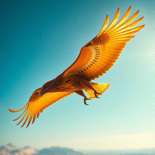 A majestic bird, possibly a hawk, is captured in mid-flight against a backdrop of a clear blue sky. The bird's wings are fully extended, showcasing a striking pattern of yellow and orange feathers. Its sharp, black beak and piercing eyes are clearly visible, adding to its fierce and powerful appearance. The bird's talons are also extended, ready for action. In the background, a mountain range is faintly visible, adding depth to the scene. The overall image is crisp and detailed, highlighting the bird's impressive form and the serene yet dynamic nature of its environment.