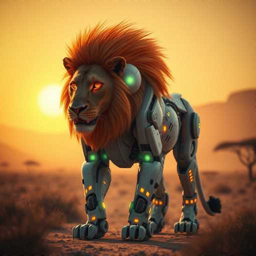 A majestic, cybernetic lion stands proudly in a futuristic, alien landscape. The creature boasts a glowing orange mane and intense, glowing eyes, its metallic body gleaming in the warm light. The scene is rendered with a hyper-realistic style, showcasing intricate details and a sharp focus on the creature's powerful form. The overall composition is dramatic, emphasizing the lion's imposing presence in this otherworldly environment.