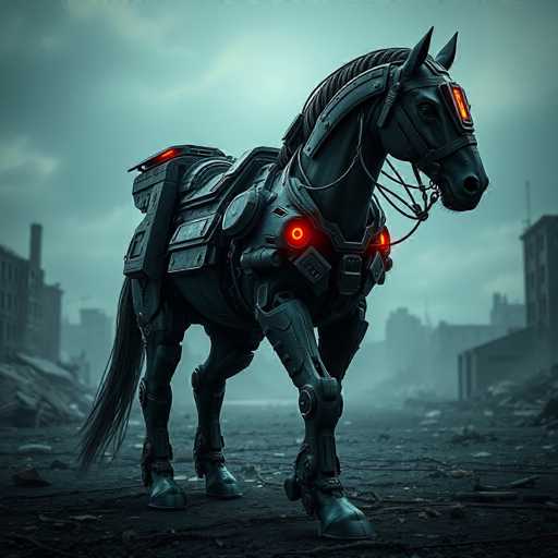 The image depicts a highly detailed, computer-generated scene of a futuristic, robotic horse standing in the middle of a desolate, post-apocalyptic cityscape. The horse, which appears to be made of dark gray metal, features glowing red lights in its eyes and mouth, as well as additional red lights on its saddle and chest. Its long, flowing tail contrasts with its mechanical body, and it stands on a ground littered with debris, including bricks and metal pieces. The background reveals a city in ruins, with tall buildings on either side of the horse, some still standing but many collapsed, and a sky filled with clouds. The overall atmosphere is dark and gray, emphasizing the desolate and abandoned nature of the scene.