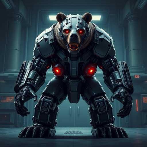 The image depicts a menacing, robotic bear standing upright in a dimly lit, industrial room. The bear's body is constructed from dark gray metal, with intricate mechanical details visible throughout its form. Its head features glowing red eyes and a snarling mouth, revealing sharp teeth. The bear's ears are perked up, adding to its intimidating appearance. Its arms are extended outwards, and its legs are spread apart, with each foot equipped with five sharp claws. The bear's chest displays two glowing red lights, and additional red lights are positioned on its shoulders. The room itself is characterized by a gray floor, a large gray door with two handles behind the bear, and a skylight above that allows some light to filter through. The walls are adorned with various panels and equipment, some of which emit a red glow, contributing to the overall eerie atmosphere.