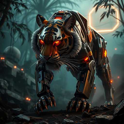 A bio-mechanical tiger, a fusion of organic and robotic elements, stalks through a desolate, neon-lit jungle. Its glowing orange eyes pierce the dim environment, while its metallic limbs move with a calculated grace. The scene is a blend of futuristic and industrial aesthetics, creating a visually striking and atmospheric image.