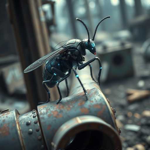 The image depicts a highly detailed, computer-generated robotic wasp perched on a rusted metal pipe. The wasp, which has a distinctly mechanical appearance, features a metallic body with a blue hue and glowing blue eyes. Its six legs are black with blue joints, and it has two long antennae extending from its head. The wasp's translucent wings are folded against its body, and it has a red stinger. The pipe it stands on is gray with patches of rust, and the background is blurred, revealing a scene of industrial decay with additional metal pipes and debris scattered on the ground. The overall setting suggests a post-apocalyptic or dystopian environment.