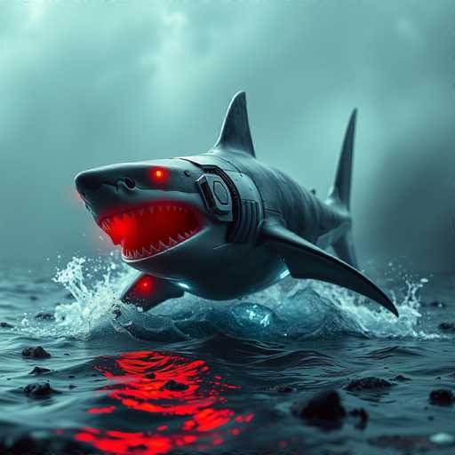 The image depicts a menacing, mechanical shark with a distinctly red glowing eye and an open mouth filled with sharp, white teeth. The shark's body is primarily gray, with a lighter gray underbelly, and it features mechanical elements such as a hexagonal shape on its side and a square piece on its back. The shark is emerging from dark, choppy water, creating a splash and waves around it. The water is a deep blue, almost black, with visible rocks and a reflective surface that mirrors the shark's red glow. The background is a cloudy, gray sky, adding to the ominous atmosphere. The shark's fins are sharp and pointed, with a particularly tall fin on its back, enhancing its intimidating appearance.