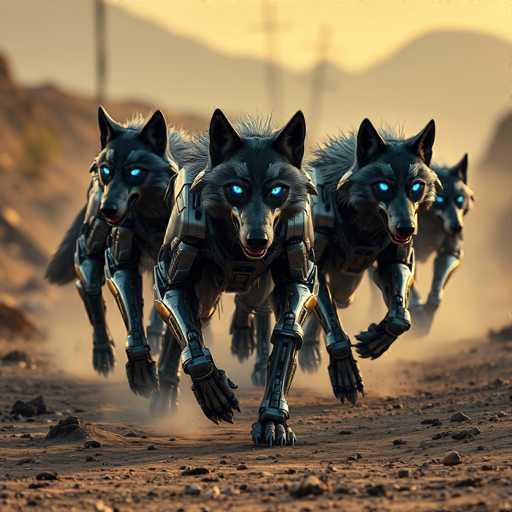 The image depicts a group of robotic wolves, each with strikingly bright blue eyes that pierce through the scene. Their fur is a deep black, contrasting sharply with their metallic bodies. The wolves are arranged in a line, with the central one prominently featured, its glowing eyes and robotic paws clearly visible. The paws are designed with sharp claws, adding to their menacing appearance. Surrounding the central wolf, the other robotic wolves are partially obscured, their forms blending into the background. The ground beneath them is a barren, rocky terrain, devoid of any vegetation. In the distance, a range of mountains can be seen, their silhouettes blurred against the sky. The sky itself is a muted gray, with a faint hint of yellow light, suggesting either dawn or dusk. The overall scene is one of eerie, mechanical beauty set against a stark, desolate landscape.