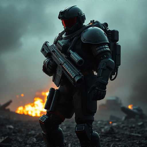 The image depicts a heavily armored soldier standing in a war-torn environment. The soldier is clad in dark, futuristic armor that covers their entire body, including a helmet with a reflective red visor. They are holding a large, black machine gun pointed downward, with additional ammunition strapped to their legs. The background is filled with dark, smoky skies and scattered flames, suggesting recent explosions or ongoing conflict. The ground is littered with debris, including what appears to be a burnt-out car. The overall scene conveys a sense of desolation and destruction, with the soldier poised for action amidst the chaos.