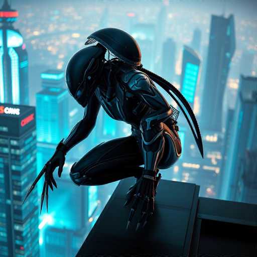 A sleek, dark cyborg assassin crouches on a skyscraper ledge in a futuristic city. The figure is clad in a black, glossy suit with sharp, angular details and glowing blue accents.  Their helmet obscures the face, but long, slender hands with sharp claws are visible. The city below is a vibrant blur of neon lights and towering structures, bathed in a cool, blue hue. The overall style is hyper-realistic and cinematic, emphasizing a sense of stealth and danger.