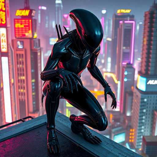 The image depicts an alien-like creature with a black body and red head, crouched on the edge of a building in a city at night. The creature is wearing a black suit that appears to be made of shiny material, giving it a futuristic appearance. The background shows a cityscape filled with buildings illuminated by neon lights, creating a vibrant and dynamic nighttime scene.