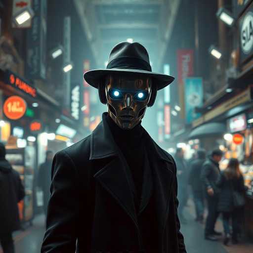 A mysterious, chrome-clad figure in a long black coat and hat stands in a bustling, neon-lit futuristic market. The stark, featureless mask features glowing blue eyes, creating a sharp contrast with the vibrant, cyberpunk atmosphere. The image is rendered in a soft, detailed style, emphasizing depth and a cinematic feel.
