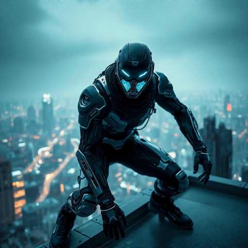 The image depicts a highly detailed, computer-generated scene of a futuristic superhero or supervillain perched on the edge of a rooftop. The character is clad in an intricate, dark gray and black suit that appears to be made of a combination of leather and metal, complete with a helmet that covers their entire head. The suit features glowing blue eyes and a blue mouth area, adding to the character's menacing appearance. The figure is in a dynamic, crouched position, with one hand gripping the rooftop and the other resting on their knee, as if ready to leap into action. The background showcases a sprawling cityscape with numerous skyscrapers and illuminated streets, suggesting a bustling urban environment. The sky is overcast with dark clouds, enhancing the dramatic and moody atmosphere of the scene.