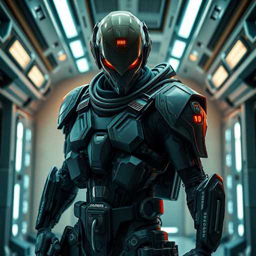 The image shows a person wearing a futuristic suit with a helmet that has red lights on the forehead and a face shield. The individual is standing in front of a doorway, which appears to be part of an advanced space station or spaceship.