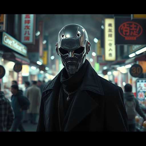 In this image, a futuristic scene unfolds in what appears to be a bustling Asian city street, possibly in Japan or China. The focal point is a humanoid robot with a sleek, silver metallic head and a black coat. The robot's face is obscured by a mask, adding to its enigmatic presence. Surrounding the robot, the street is lined with various shops and businesses, their signs adorned with Asian characters, suggesting a vibrant commercial area. The background is slightly blurred, emphasizing the robot in the foreground, while people can be seen walking along the street, contributing to the lively atmosphere. The overall aesthetic is reminiscent of a cyberpunk setting, blending advanced technology with the everyday hustle and bustle of urban life.