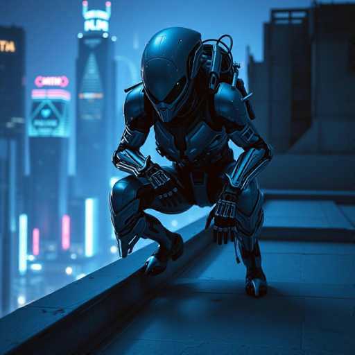A highly detailed, computer-generated image depicts a futuristic scene set on a rooftop in a bustling city. The focal point is a humanoid robot, crouched in a dynamic, almost athletic stance. The robot's sleek, metallic body is predominantly silver, with a helmet that features a pointed nose and dark, reflective eyes. Its arms are bent at the elbows, with hands positioned near its knees, and its legs are spread apart, suggesting readiness for movement. The robot's feet are flat on the ground, and it appears to be wearing gloves. 

In the background, the cityscape is adorned with towering skyscrapers illuminated by vibrant neon lights in hues of pink, blue, and white. The sky above is a clear, light blue, adding to the overall futuristic ambiance. The rooftop where the robot stands is constructed of gray stone, with a raised ledge that the robot's left foot rests upon. The scene is devoid of any text, allowing the viewer to fully immerse in the visual narrative.