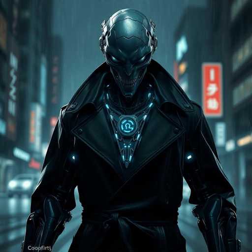 The image depicts a menacing, humanoid robot with a distinctly sinister appearance. Its head is metallic and cracked, with glowing blue eyes that add to its eerie presence. The robot's mouth is open, revealing sharp, menacing teeth. It is dressed in a black trench coat that features a triangular design on the front, adorned with a glowing blue circle at its center. The robot's arms are also metallic, and it stands on a street at night, illuminated by the glow of streetlights and signs. The signs are in an Asian language, and a car is visible on the left side of the image. The overall atmosphere is dark and foreboding, with the robot's glowing blue elements creating a stark contrast against the night setting.