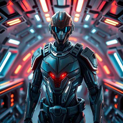 The image depicts a highly detailed, computer-generated scene of a futuristic, metallic robot standing in the center of a tunnel-like structure. The robot, which appears to be male, is adorned in a sleek, silver suit of armor with intricate black and red accents. Its helmet features a prominent red light on the forehead and dark, reflective sunglasses that obscure its eyes. The robot's chest plate is marked by two glowing red lights, resembling eyes, which add to its menacing appearance. Its arms are positioned at its sides, and it stands with a serious, almost angry expression. The surrounding environment is illuminated by a mix of red, white, and blue lights, creating a high-tech, sci-fi atmosphere. The tunnel's walls are lined with various panels and buttons, enhancing the sense of a technologically advanced setting. The overall color palette of the image includes shades of red, white, blue, black, and gray, contributing to the futuristic and somewhat ominous ambiance.
