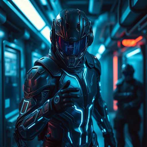 A lone, futuristic cyborg infiltrator strides through a dimly lit, sterile corridor. The character is clad in sleek, dark armor with glowing blue accents, a visor reflecting a vibrant blue-purple light. The environment is industrial and cold, with metallic walls and glowing neon lights casting a cool blue-gray ambiance. The overall style is hyper-realistic, emphasizing sharp details and a dramatic, cinematic feel.