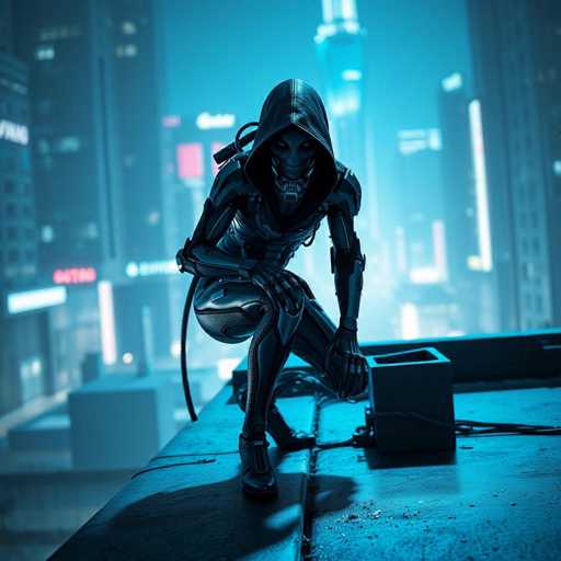 A lone, highly skilled cyborg assassin in sleek black armor crouches on a rooftop overlooking a neon-lit, futuristic cityscape. The scene is bathed in cool blue light, with sharp, high-contrast shadows emphasizing the character's stealthy posture. The overall art style is a hyper-realistic, sci-fi illustration with a cinematic feel.