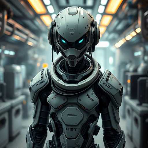 The image shows a robot standing in an industrial setting with a gray and white color scheme. The robot is wearing a helmet that has blue lights on the sides, giving it a futuristic appearance. The robot's arms are crossed over its chest, and it appears to be facing the camera directly.