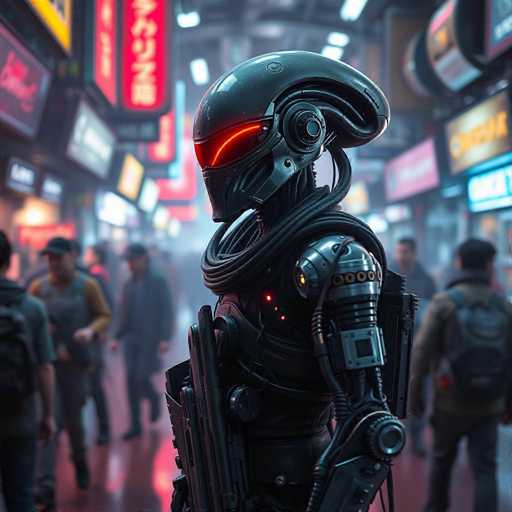 The image depicts a futuristic cityscape at night with neon signs and buildings illuminated by artificial lights. In the center of the frame is a robot figure wearing a helmet with red goggles and a silver body adorned with wires and cables. The robot stands on a platform, facing away from the camera. Surrounding the robot are blurred figures of people walking in various directions, creating a sense of movement and activity within the cityscape.