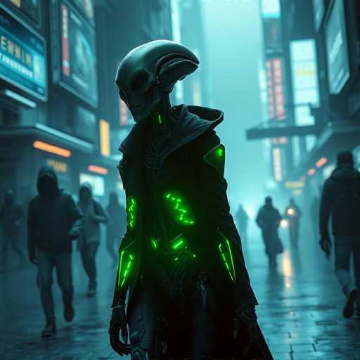 A mysterious alien figure, with glowing neon-green tattoos and a bulbous head, walks through a dimly lit, futuristic city on an alien planet. The scene is bathed in cool blue-gray lighting with a moody, cinematic, and hyper-realistic aesthetic. The composition is sharp, detailed, and evokes a cyberpunk atmosphere.