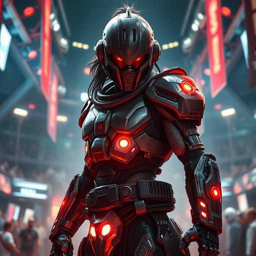 A powerful, futuristic cyborg gladiator dominates the scene. Clad in a sleek, dark armor with glowing red accents, they stand in a vast, brightly lit arena. The composition is dynamic, emphasizing the gladiator's imposing presence with a hyper-realistic, cinematic style. The overall aesthetic is sharp and intense, conveying a sense of action and power.
