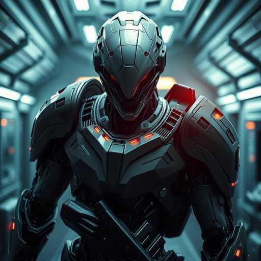 The image depicts a highly detailed, futuristic robot standing in a metallic hallway. The robot, which appears to be a blend of human and mechanical features, is predominantly black with striking red accents. Its helmet-like head has a pointed chin and glowing red eyes, giving it an intimidating appearance. The robot's shoulders are protected by large, black pads, and its chest plate is adorned with five red lights arranged in a V-shape. The robot's arms are black and end in hands, with additional red lights on its wrists. It holds a black gun in its right hand, which is positioned in front of its body. The background features a gray, metallic hallway with white lights on the ceiling and walls, enhancing the sci-fi atmosphere of the scene.
