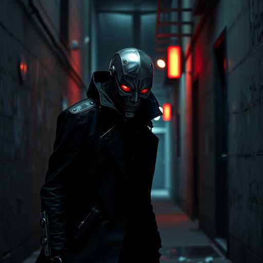 The image shows a person wearing a black leather jacket and a mask with red eyes standing in an alleyway at night. The alley is illuminated by red lights on the walls, creating a stark contrast against the darkness of the scene.