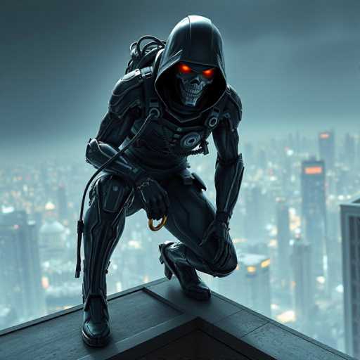 The image depicts a menacing figure resembling a skeleton, adorned in a sleek black suit. The suit features a hood that drapes over the figure's head, adding to the eerie atmosphere. The skeleton's eyes glow with an ominous red light, creating a stark contrast against its pale visage. Its mouth is slightly open, revealing sharp teeth, and its hands are gloved, with the right hand gripping a gold ring. The figure is crouched on a rooftop, poised as if ready to leap into action. In the background, a sprawling cityscape with numerous skyscrapers and buildings is visible, their windows illuminated by countless lights. The sky above is a dark gray, adding to the overall gloomy and foreboding mood of the scene.