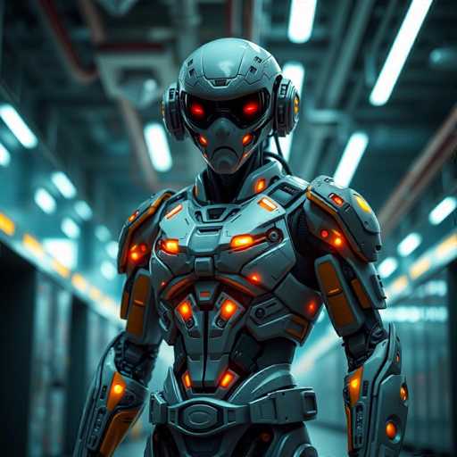 The image depicts a highly detailed, computer-generated robot standing in a futuristic hallway. The robot, which appears to be a blend of humanoid and mechanical features, is predominantly gray with striking orange accents. Its head is covered by a helmet-like structure with a face mask that has glowing red eyes, giving it an ominous appearance. The robot's body is adorned with various orange lights and panels, particularly around its chest, arms, and legs, which add to its high-tech aesthetic. It also sports a belt with a prominent buckle. The robot's arms are bent at the elbows, and it has a distinct nose and mouth area. The setting is a long, metallic hallway with gray walls and ceiling, illuminated by long, fluorescent lights. The hallway features several doors on both sides, enhancing the sense of depth and scale. The overall scene is dark, with the robot's glowing features providing the primary source of light, creating a stark contrast against the muted background.