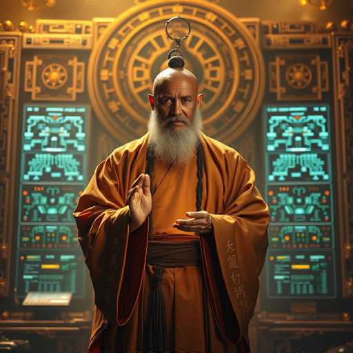 A wise, serene Taoist monk stands before a massive, ancient-looking computer terminal. He wears an orange robe and a long white beard, his hands in a meditative mudra. The terminal glows with intricate digital patterns and glowing symbols, hinting at a powerful, mystical energy within the digital realm. The overall style is highly detailed and ethereal, with a focus on soft lighting and a sense of calm power.