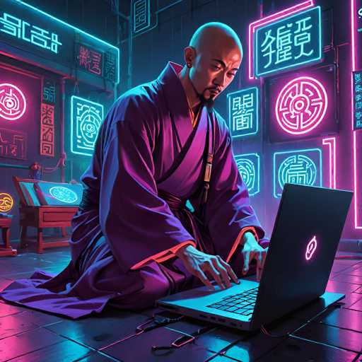 In this vibrant, cartoon-style image, a bald man with a goatee is depicted kneeling on a black tile floor, engrossed in typing on a sleek, black laptop. He is dressed in a striking purple robe adorned with orange trim along the sleeves and bottom hem. The laptop he is using features a glowing pink logo on its back, adding a modern touch to the scene. Surrounding him are numerous neon signs and panels, predominantly in shades of blue and pink, with some displaying Chinese characters. These signs cast a colorful glow on the floor, enhancing the futuristic ambiance. In the background, a wooden desk with a glowing screen and a chair can be seen, further contributing to the high-tech setting. The overall composition blends traditional elements with a contemporary, digital aesthetic.