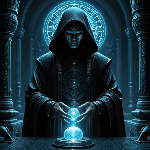The image depicts a figure dressed in a hooded robe and holding two glowing spheres over a table. The figure is positioned centrally within the frame, with the table located directly behind them. The background features a circular window adorned with intricate designs, suggesting an ancient or mystical setting.