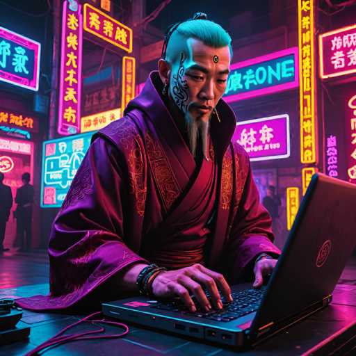 In this vibrant, neon-lit cityscape, a man sits at a table, engrossed in his laptop. He wears a striking purple robe adorned with intricate gold designs, and his hair is styled in a man bun with the sides shaved, revealing a unique tattoo that extends from his ear to his cheek. His face is further embellished with a circular tattoo on his forehead and a long, gray goatee. The man's right hand rests on the keyboard of the laptop, which is connected by a purple cord. The scene is set against a backdrop of towering buildings illuminated by an array of neon signs in various colors, including pink, yellow, blue, and purple. These signs display text in an Asian language, adding to the urban, possibly Japanese, atmosphere. The image, which appears to be AI-generated, captures a blend of traditional and modern elements, creating a captivating and detailed visual narrative.