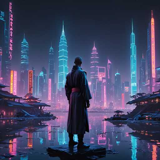 The image depicts a cityscape at night with neon lights illuminating the buildings and water below. A solitary figure stands on a rock formation overlooking the scene. The city is densely populated with tall buildings of varying heights, creating a sense of depth and perspective. The colors used are predominantly blue, pink, and purple, contributing to the futuristic and vibrant atmosphere of the scene.