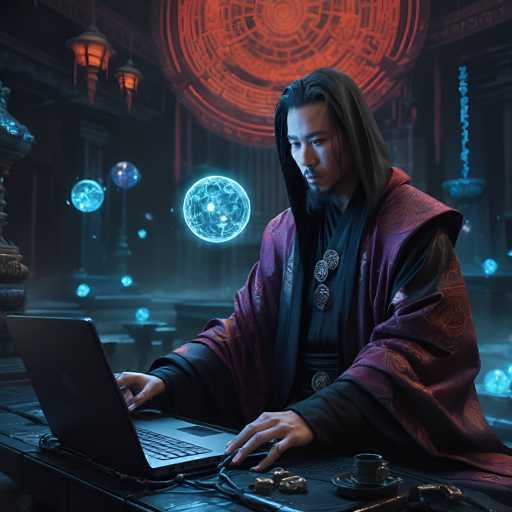 In this captivating image, a man is seated at a desk, deeply engrossed in his laptop. He is adorned in a striking ensemble featuring a black robe with a red shawl draped over it. The shawl is intricately designed with red and orange patterns, adding a touch of elegance to his attire. His long black hair is neatly tied back, and he sports a goatee, enhancing his distinguished appearance. The man's hands rest on the keyboard of the laptop, which is positioned on a sleek black desk. 

To the right of the laptop, a small black cup sits on a matching black saucer, adding to the sophisticated ambiance of the scene. The background is a mesmerizing blend of dark and light elements, with glowing blue orbs floating in the air, creating an ethereal atmosphere. Above the man, a large red circle with intricate lines and patterns adds a mystical touch to the setting. The overall composition is both mysterious and enchanting, drawing the viewer into the world of the man and his digital realm.