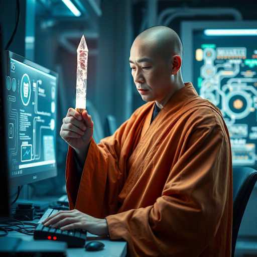 A man wearing an orange robe is seated at a desk with a computer monitor and keyboard in front of him. He holds a sword in his right hand while looking down at the screen.