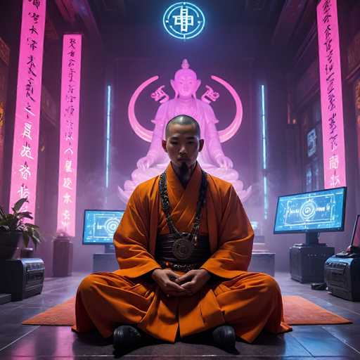 The image depicts a man dressed in an orange robe and headdress seated on the floor of a temple-like room with pink and purple neon lights illuminating the space. The man is facing the camera directly, suggesting he is aware of being photographed. In front of him, there are two monitors displaying information that appears to be related to his current position or situation within the temple.