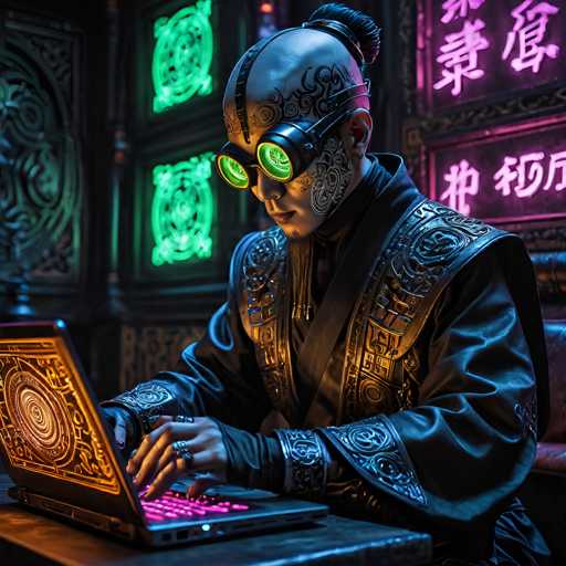 The image depicts a highly detailed, AI-generated scene of a futuristic, possibly cyberpunk-themed setting. At the center is a character with a distinctly non-human appearance, featuring a bald head with a small ponytail at the back and intricate black tattoos or markings on his face. He wears a pair of goggles with green lenses, resembling a cybernetic eyepiece, and is dressed in a black leather jacket adorned with metallic designs on the shoulders and wrists. The character is seated at a table, typing on a laptop with a pink keyboard, while his other hand rests on the table. The laptop itself is black with a glowing orange design on the back. The background is dimly lit, with neon signs and symbols in green and purple, including Chinese characters, adding to the cyberpunk aesthetic. The overall scene is dark, with the character illuminated by the glow of the laptop and the neon lights, creating a striking contrast.
