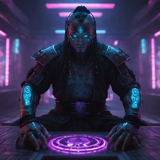 A detailed, high-quality digital painting in a futuristic cyberpunk style. The central subject is a humanoid figure kneeling before a glowing, circular device on a metallic platform. The figure has a dark, textured skin tone and striking blue glowing eyes that seem to emanate from within. They are clad in intricate, dark clothing with glowing blue accents on the sleeves and shoulders, suggesting cybernetic enhancements. The figure's hands are resting on the device, which is emitting a vibrant purple energy glow with swirling patterns. The background is a dimly lit, futuristic corridor with neon pink and blue lighting, creating a sense of depth and technological immersion. The overall atmosphere is one of mystery, power, and advanced technology. The lighting is dramatic, highlighting the figure's face and the glowing device while leaving much of the environment in shadow. The focus is sharp on the figure and the device, drawing the viewer's attention to the central action. The style is highly detailed, with intricate textures on the clothing and a focus on the interplay of light and shadow.