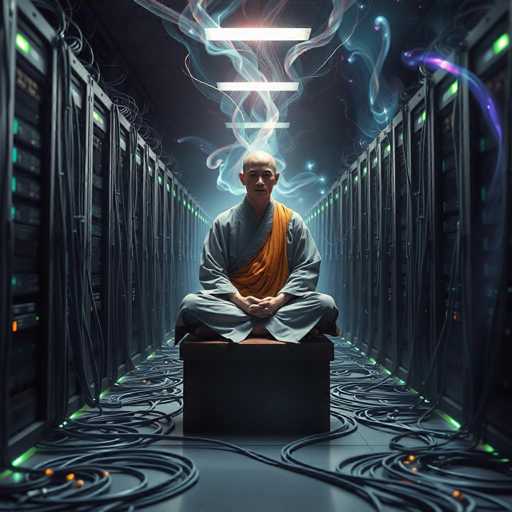 In this captivating image, a bald man dressed in a gray robe with an orange sash draped over his left shoulder sits cross-legged on a brown wooden platform. His hands are clasped together in front of him, and he gazes directly at the camera with a serene expression. The setting is a high-tech room filled with rows of sleek, black computer servers on both sides, each adorned with green lights at the top. The floor is covered with a tangle of black wires, some illuminated with orange lights, creating a striking contrast against the gray surface. Above the man, a series of rectangular lights cast a soft glow, while ethereal blue and purple smoke swirls around his head, adding a mystical aura to the scene. The overall atmosphere blends ancient tranquility with modern technology, creating a unique and intriguing visual experience.