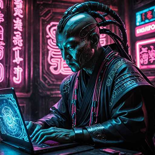 The image depicts a highly detailed, computer-generated scene of a futuristic, cyberpunk-style setting. At the center is a humanoid robot with a distinctly Asian appearance, characterized by a bald head and multiple metallic tubes extending from the back of its skull. The robot's face features intricate, mechanical designs, particularly around its eyes and cheeks, and it has a small hoop earring in its left ear. It is dressed in a black leather robe adorned with pink beaded necklaces and metallic embellishments on the shoulders and sleeves. The robot is seated at a table, typing on a laptop with a glowing blue screen that displays a circular pattern. The background is filled with neon signs and symbols in an Asian script, possibly Japanese or Chinese, adding to the cyberpunk aesthetic. The overall color palette includes shades of black, pink, blue, and purple, enhancing the futuristic and high-tech atmosphere of the scene.