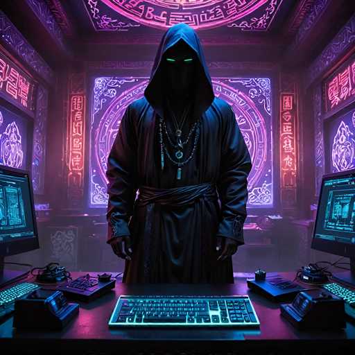 The image depicts a hooded figure standing in a room filled with neon lights and intricate symbols. The figure is dressed in a dark robe with a hood that casts shadows over their face, revealing only glowing green eyes. They wear a sash around their waist and multiple necklaces, including one with a large circular pendant. The room is illuminated by a combination of purple and pink neon lights, creating a surreal atmosphere. In front of the figure is a desk with a keyboard, flanked by additional keyboards and computer monitors on either side. The walls are adorned with various symbols, including a prominent circular design with intricate patterns and Chinese characters. The overall scene suggests a high-tech environment, possibly a control room or a place of mystical significance.