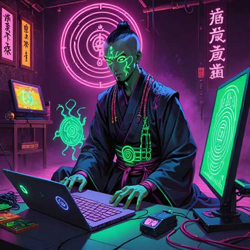 A digital illustration in a vibrant, cyberpunk style depicts a person seated at a desk immersed in a glowing, neon-lit gaming setup. The central figure is an individual with a dark complexion and striking green glowing markings on their face, resembling traditional Japanese tattoos. They are dressed in a dark robe-like garment with neon green accents and a matching belt, seated cross-legged on a black desk. 

The person is intently focused on a laptop with a glowing green screen, their hands hovering over the keyboard. A large, circular neon sign hangs behind them, displaying a complex, glowing green pattern reminiscent of a mystical symbol or circuit board. 

Two computer monitors flank the laptop, both displaying similar glowing green patterns and a swirling, almost ethereal energy effect. A small, glowing neon circle is visible on the person's wrist, further enhancing the cyberpunk aesthetic. 

The overall color palette is dominated by deep purples and vibrant neon greens, with hints of red and blue in the background. The scene is filled with glowing wires and digital energy, creating a sense of immersion in a futuristic, technologically advanced world. The style is detailed and intricate, with sharp lines and glowing effects that give the image a dynamic and otherworldly feel.