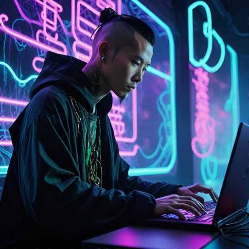 The image depicts a young Asian man, likely in his late teens or early twenties, seated at a desk with a laptop. He has a distinctive hairstyle with a shaved side and a small bun on top, complemented by a goatee and a tattoo on his neck. His attire includes a black hoodie with a green shirt underneath, accessorized with multiple necklaces. The man is focused on his laptop, which is illuminated by a purple light that casts a glow on his face and the surrounding area. The background features a wall adorned with neon signs in shades of pink, blue, and purple, adding a vibrant, almost cyberpunk ambiance to the scene. The overall setting suggests a modern, possibly futuristic environment, with the young man appearing to be engaged in some form of digital work or online activity.