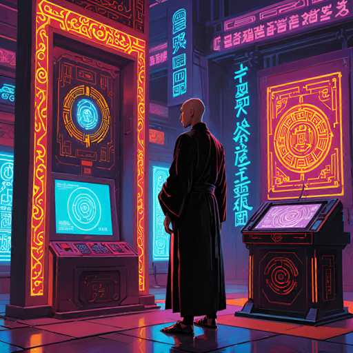 In this vibrant, futuristic scene, a bald man dressed in a black robe stands in a room that exudes a strong cyberpunk aesthetic. The room is illuminated by an array of neon lights in shades of orange, blue, and pink, casting a colorful glow on the tiled floor. The man is positioned in front of a large, glowing screen that displays a circular design, surrounded by intricate buttons and controls. To his right, a podium with a screen and a circular design adds to the high-tech ambiance. The background features neon-lit signs with Asian characters, enhancing the sense of a bustling, advanced cityscape. The overall atmosphere is one of cutting-edge technology and digital sophistication, with the man appearing to be engaged in some form of futuristic activity or control.