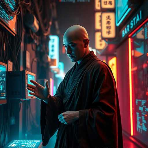 A man dressed in a black robe stands in front of a computer screen with his hand extended towards it. The background features neon signs and wires, creating an urban setting for the scene.