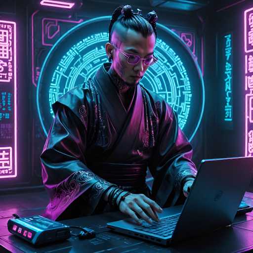 A person in a dark, futuristic kimono-style outfit is intently working on a laptop in a neon-lit, cyberpunk setting. The scene features glowing blue and pink neon lights, intricate digital patterns on the background, and a focus on the person's hands interacting with the keyboard. The overall style is highly detailed, digital art, emphasizing a blend of traditional and futuristic elements.