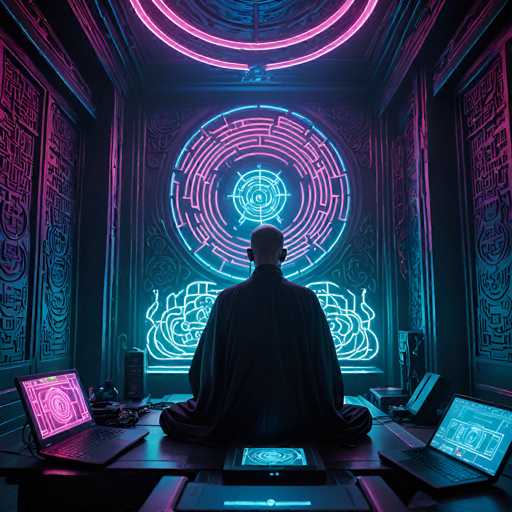 A person in a dark robe is seated cross-legged in a futuristic, neon-lit room. They are facing a large, glowing circular display with intricate patterns and glowing lines. Several laptops are positioned on the table in front of them, displaying similar digital interfaces. The room is filled with glowing neon lights and geometric patterns on the walls and ceiling, creating a cyberpunk aesthetic. The person appears to be focused on the display, possibly engaged in some form of digital activity or meditation. The overall atmosphere is one of advanced technology and a futuristic, possibly meditative, setting.